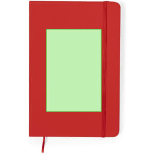 A red notebook with a green insert and an elastic closure. It features a simple design and a logo on the cover.