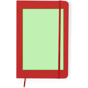 A red notebook with a green cover and a red elastic band. It includes a bookmark ribbon.