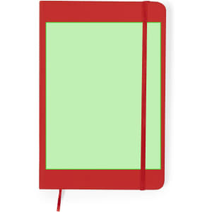 A red notebook with a green inner cover and an elastic band closure. The notebook features a logo on the front.