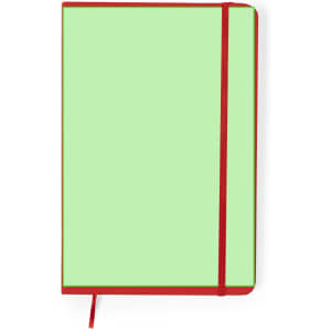 A green notebook with a red elastic band closure and bookmark, featuring a simple design.