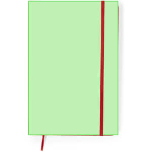 A green notebook with a red elastic band closure and bookmark. It features a plain exterior without visible branding.