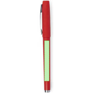 A red pen with a green accent and a clip for attaching to notebooks or pockets, featuring a logo.