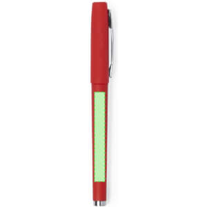 A red pen with a green section and a silver clip, featuring a logo on the body.