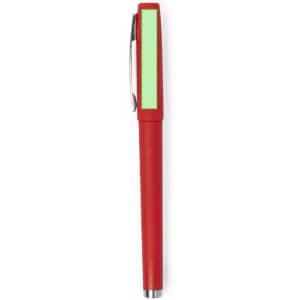 A red pen with a green grip, featuring a metal clip and a sleek design. It also has a branding logo.