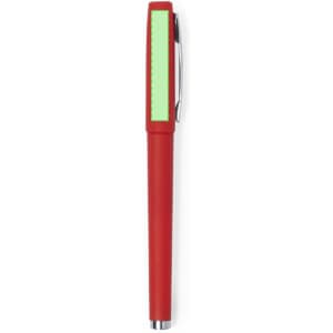 A red pen with a green accent and a clip. It features a smooth, sleek design.