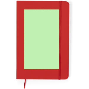 A red notebook with a green textured front cover and an elastic band closure. It features a blank area for custom branding.