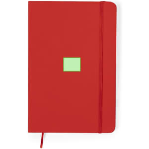 A red notebook with a green square and an elastic band closure. It features a branding logo.
