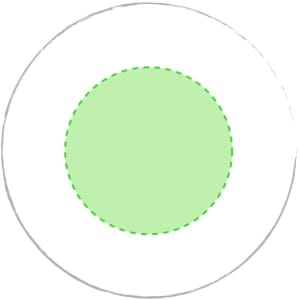 A round paperweight with a green centre and a white outer edge, featuring a dashed green outline.
