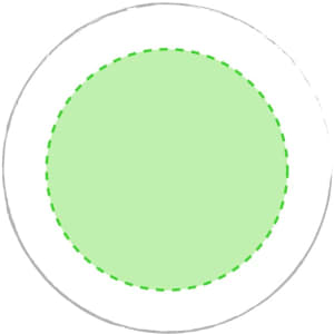 A circular paperweight with a light green centre and a dashed green outline on a white background.
