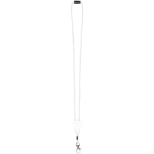A white lanyard with a clip and a branding logo at the top. Suitable for exhibitions and events.