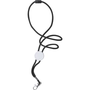 A black lanyard with a retractable badge holder and a clip for attachments.