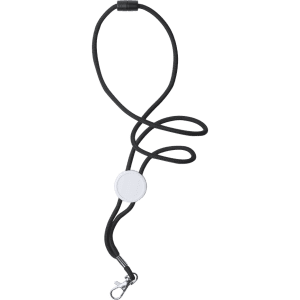 A black lanyard with a circular white attachment and a metal clip for securing items.
