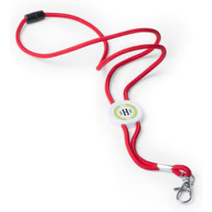 A red lanyard with a clip and a circular branding tag. Ideal for exhibitions and events.