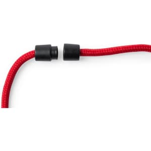 A red lanyard with black plastic clasps, featuring a woven texture.