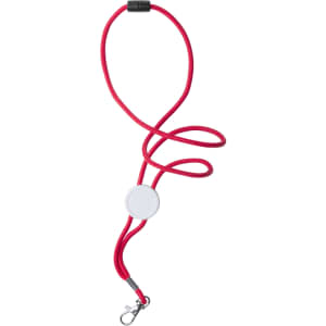 A red lanyard with a round white attachment and a metal clip at the end.