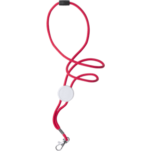A red lanyard with a white round attachment and a metal clip at the end.