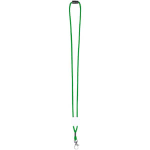 A green lanyard with a secure attachment clip, suitable for holding ID cards or badges.