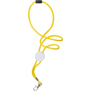 A yellow lanyard with a round attachment, featuring a clip for securing items.