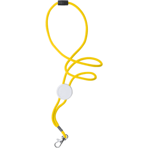 A yellow lanyard with a white circular attachment and a metal clip at the end.