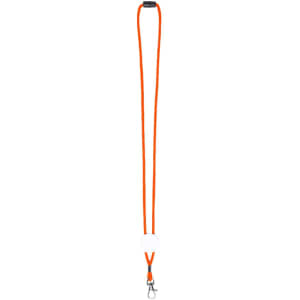 An orange lanyard with a clip and a blank circular attachment, suitable for holding ID or badges.