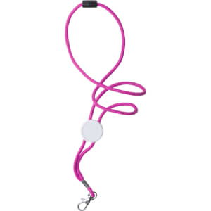 A vibrant pink lanyard with a round attachment and a clip for securing items. Includes a branding logo.