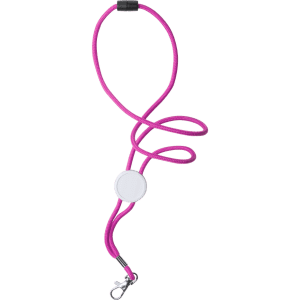 A pink lanyard with a white circular attachment and a metal clip.