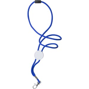 A blue lanyard with a round clip and a metal clasp at the end, suitable for exhibitions and events.
