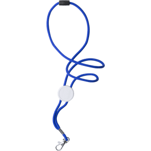 A blue lanyard with a clip and a round attachment point, designed for holding ID cards or badges.