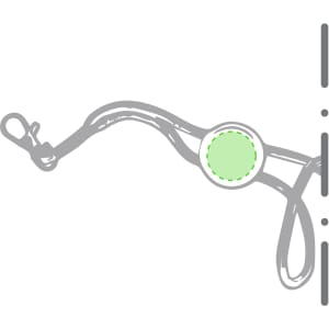 A green and grey lanyard featuring a circular attachment point, designed for carrying ID cards or badges.