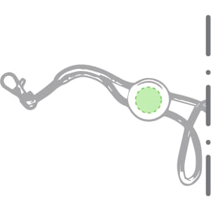 A green and grey lanyard with a round attachment and a clasp for securing items.