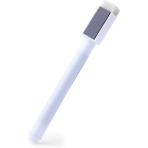 A white felt tip pen with a grey cap and a branding logo on the side.