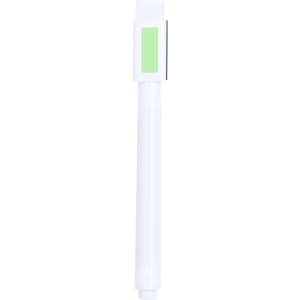 A white felt tip pen featuring a green tip, with a logo on the side.
