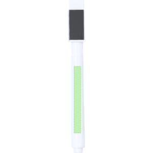 A white felt tip pen with a green section and a black tip. The pen features branding on its body.