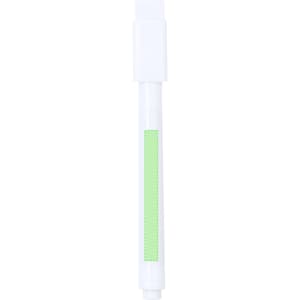 A light green felt tip pen with a white cap and a branding logo.