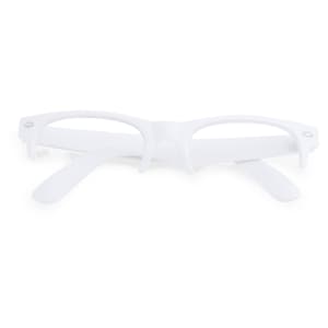 A pair of white glasses with a sleek design and a logo on the frame.