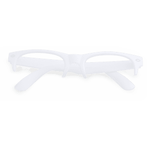 A pair of white glasses with a distinctive design, featuring a logo on the frame.