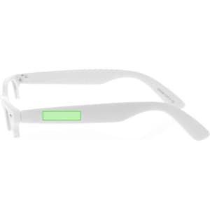 A pair of white glasses with a sleek design and a green rectangular area on the side. The frame has a minimalistic style.