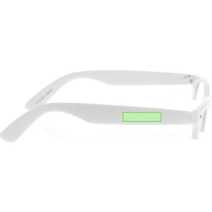 A pair of white glasses with a green accent on the arm, featuring a logo on one side.