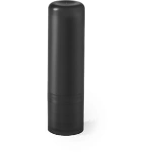 A black lip balm tube with a cylindrical shape and a twist-up design. The product has branding on it.