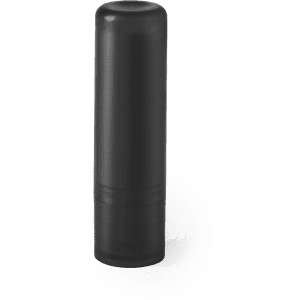A black lip balm tube with a sleek design and a twist-up base. Features branding on the surface.