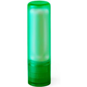 A green lip balm tube with a transparent section at the top, featuring a branding logo.