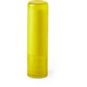 A yellow lip balm tube with a twist-up design, featuring a clear cap and a textured bottom section.