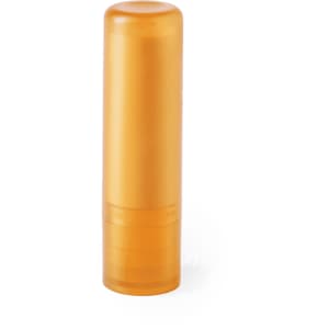 An orange lip balm tube with a twist-up base and a smooth finish, featuring a logo on the front.