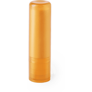 An orange lip balm stick in a clear container with a twist-up base, featuring a simple branding logo.