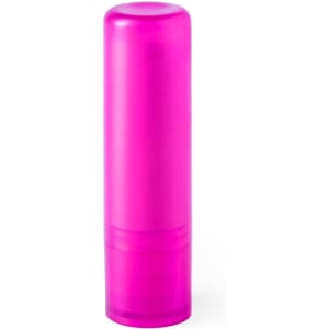 A bright pink lip balm container with a twist base and a smooth finish. It features a logo on the exterior.