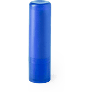A blue lip balm tube with a smooth finish and a clear cap, featuring a logo on the surface.