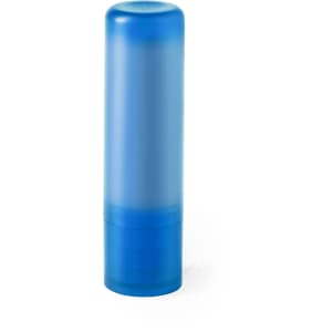 A blue lip balm tube with a translucent design and a twist-up base, featuring a logo on the surface.