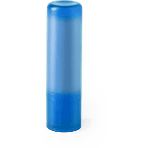 A blue lip balm tube with a rounded top and a twist base, featuring a logo.