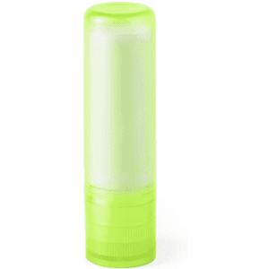 A vibrant green lip balm in a cylindrical container, featuring a twist mechanism and a smooth applicator.