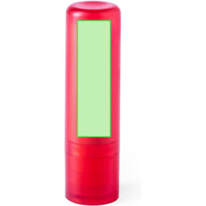A red lip balm tube with a green label space, featuring a twist-up mechanism and smooth finish.